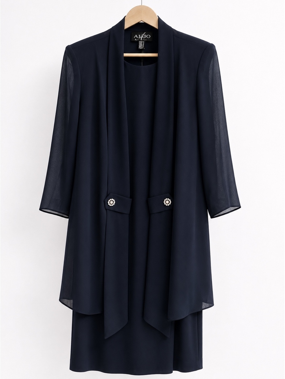 Vtg Navy Blue Chiffon Jacket Dress Set Mother of the Bride Formal Made Canada 12